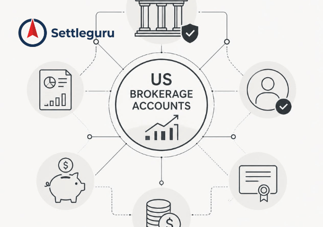 Diagram with US Brokerage Accounts at the centre connected to icons for a bank, an account holder, reports, savings, a certificate and dollar coins